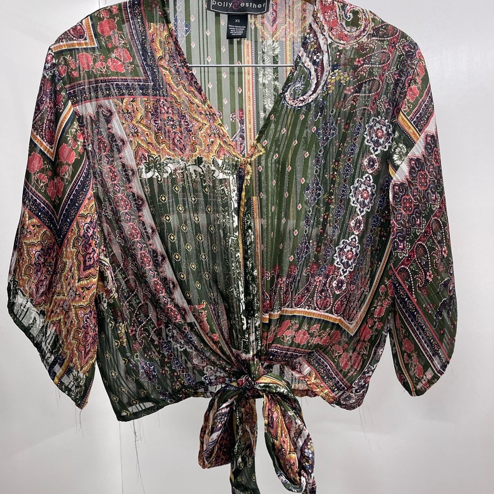 Polly & Esther Olive Green Paisley Tie-Front Blouse with Multicolor Accents